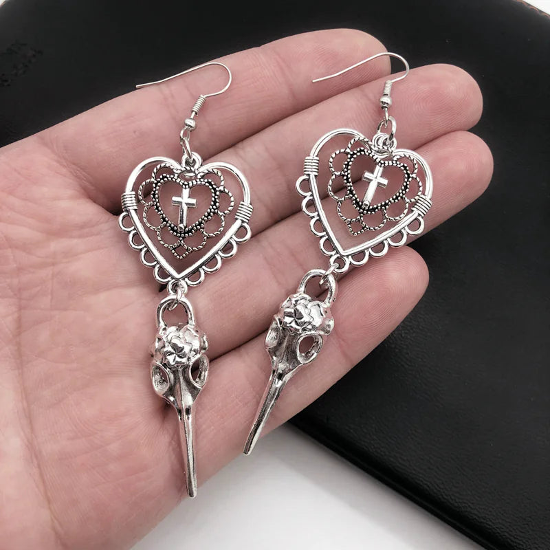 Gothic Heart-Shaped Cross Bird Skull Earrings (Unisex)