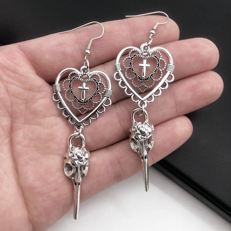 Gothic Heart-Shaped Cross Bird Skull Earrings (Unisex)